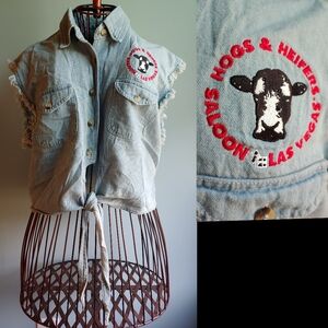 Hogs & Heifers Saloon Distressed Denim Cropped Shirt Top Biker Western Bikercore